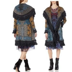 Johnny Was Coat Tokley Embroidered Fringed Hooded Open Front XS
